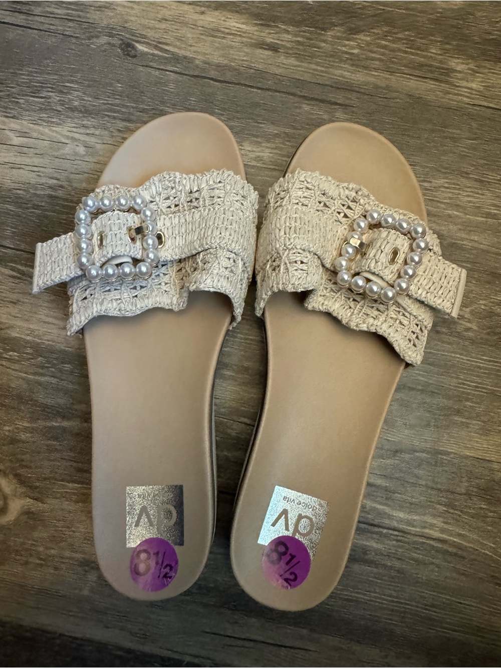 Dolce Vita Beige Crochet Slide Sandals with Pearl Buckles